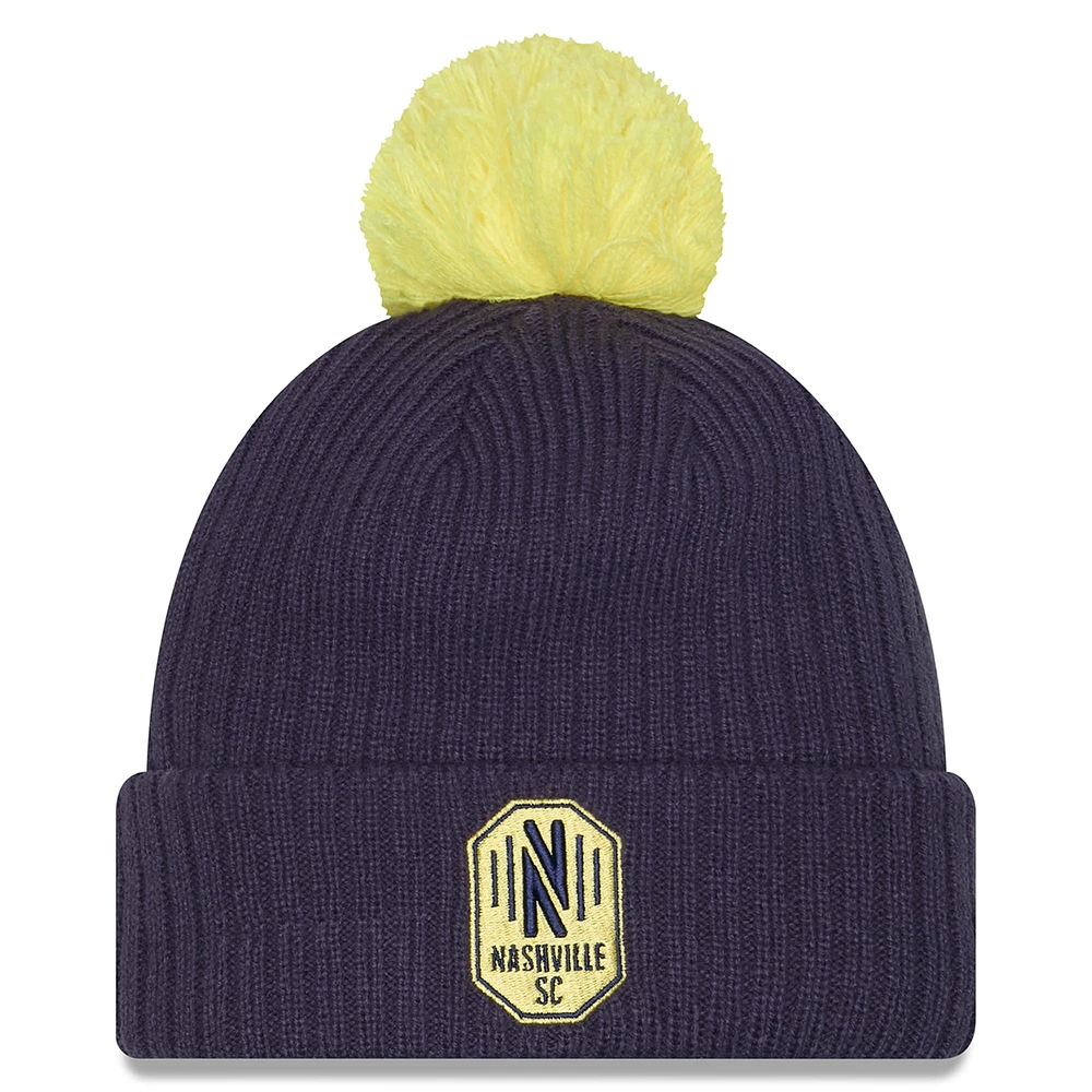 Men's New Era Navy Nashville SC 2025 Jersey Hook Cuffed Knit Hat with Pom
