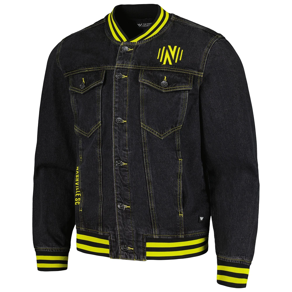 Blouson aviateur à boutons complets en denim noir Nashville SC The Wild Collective pour hommes