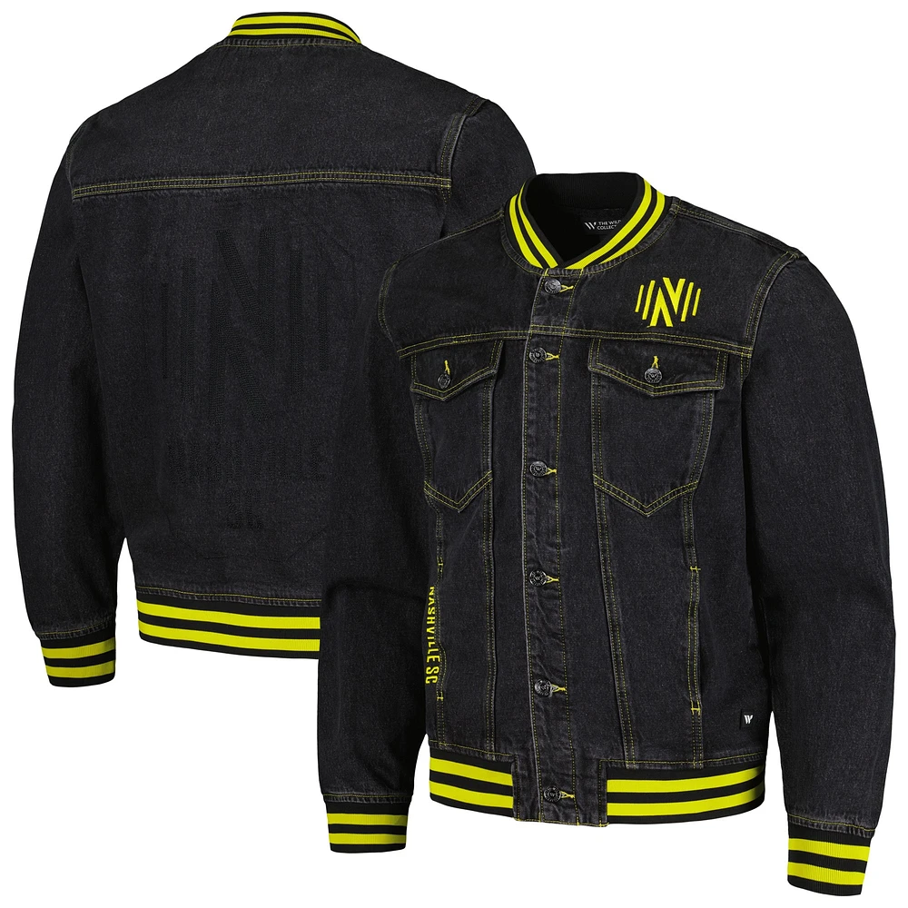 Blouson aviateur à boutons complets en denim noir Nashville SC The Wild Collective pour hommes