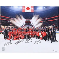 Nathan MacKinnon, Cale Makar, Sam Reinhart & Jordan Binnington Canada Autographed 16" x 20" 4 Nations Face-Off Champions Team Celebration Photograph - Limited Edition of 25
