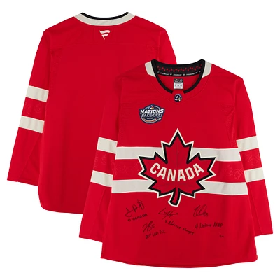 Nathan MacKinnon, Cale Makar, Sam Reinhart & Jordan Binnington Canada Autographed Red 4 Nations Face-Off Fanatics Premium Jersey with Multiple Inscriptions - Limited Edition #1/10