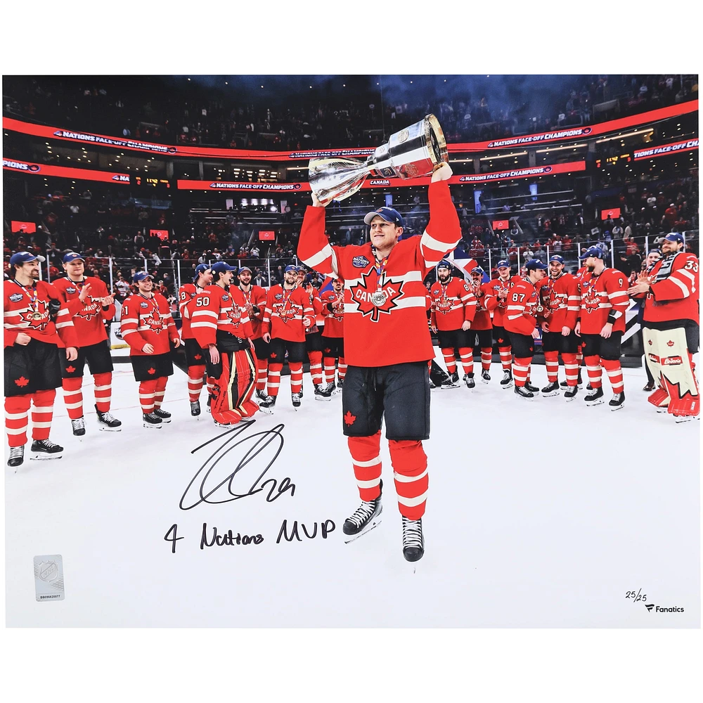 Nathan MacKinnon Canada Autographed 16" x 20" 4 Nations Face-Off Champions Celebration Photograph with "4 Nations MVP" Inscription - Limited Edition #25/25