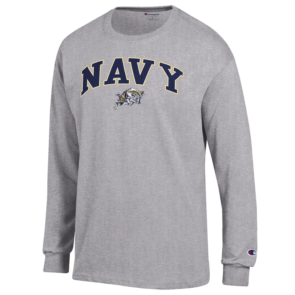 T-shirt à manches longues Champion Heather Grey Navy Midshipmen Arch Over Logo pour homme