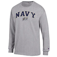 T-shirt à manches longues Champion Heather Grey Navy Midshipmen Arch Over Logo pour homme