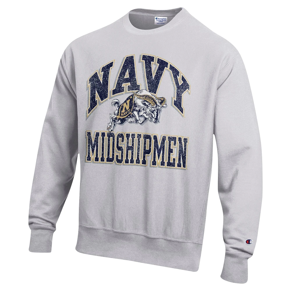 Men's Champion Heather Gray Navy Midshipmen Vault Late Night Reverse Weave Pullover Sweatshirt