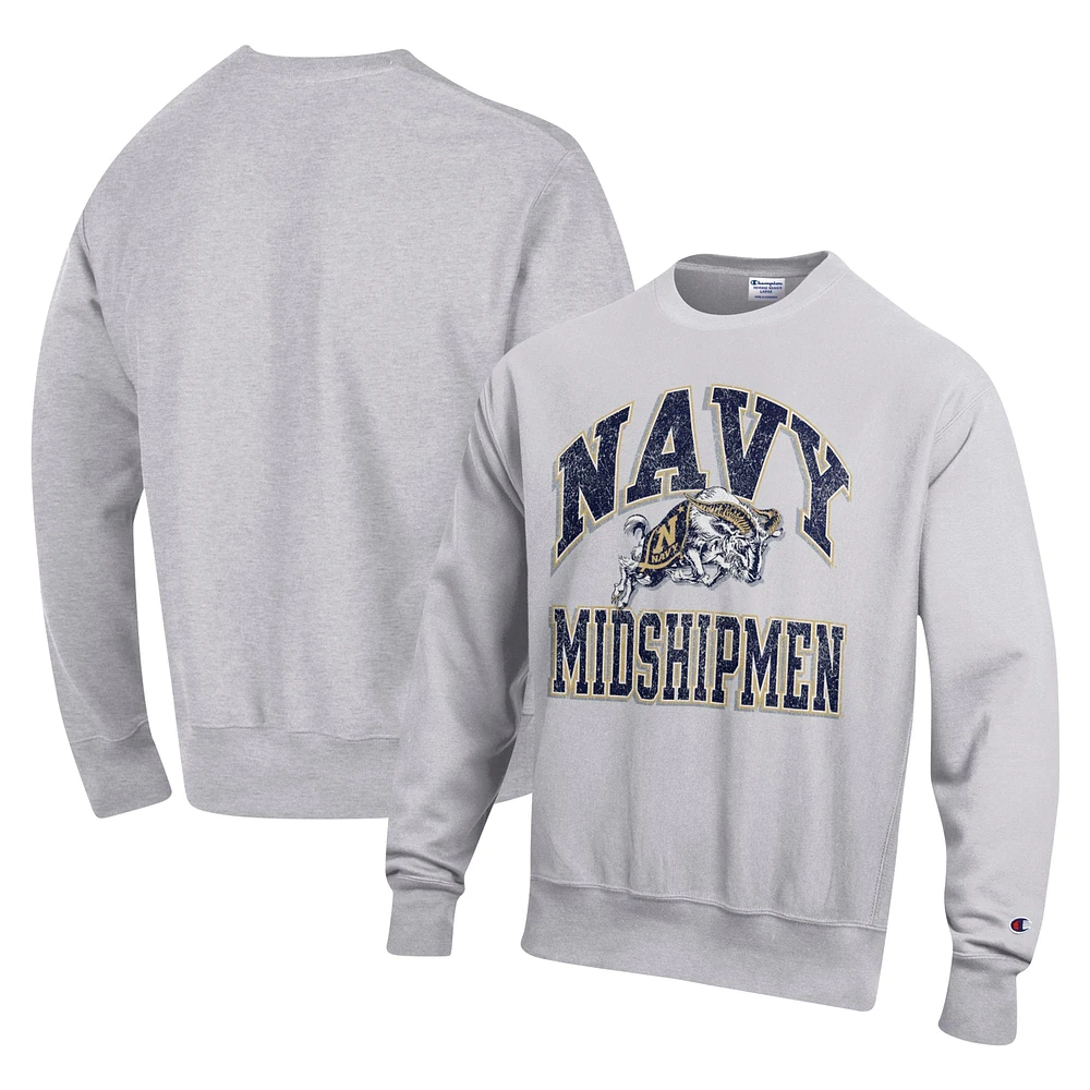 Men's Champion Heather Gray Navy Midshipmen Vault Late Night Reverse Weave Pullover Sweatshirt