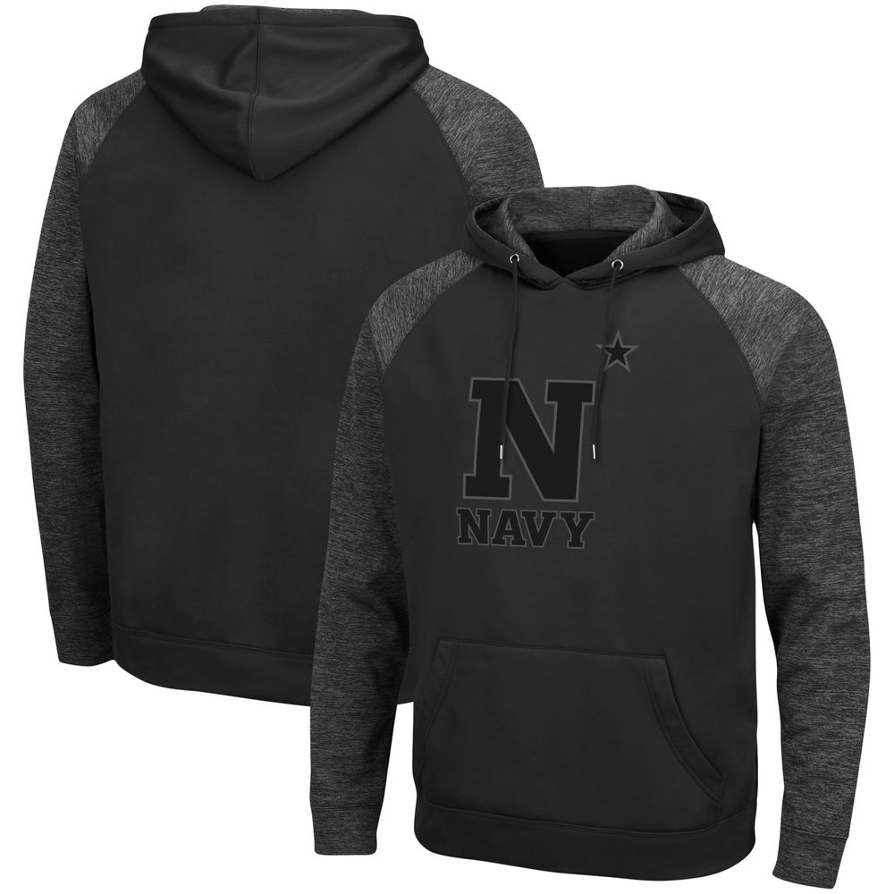 Men's Colosseum Black Navy Midshipmen Blackout 3.0 Tonal Raglan Pullover Hoodie