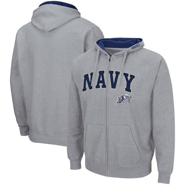 Sweat à capuche zippé entièrement Colosseum gris marine pour hommes Midshipmen Arch & Logo 3.0