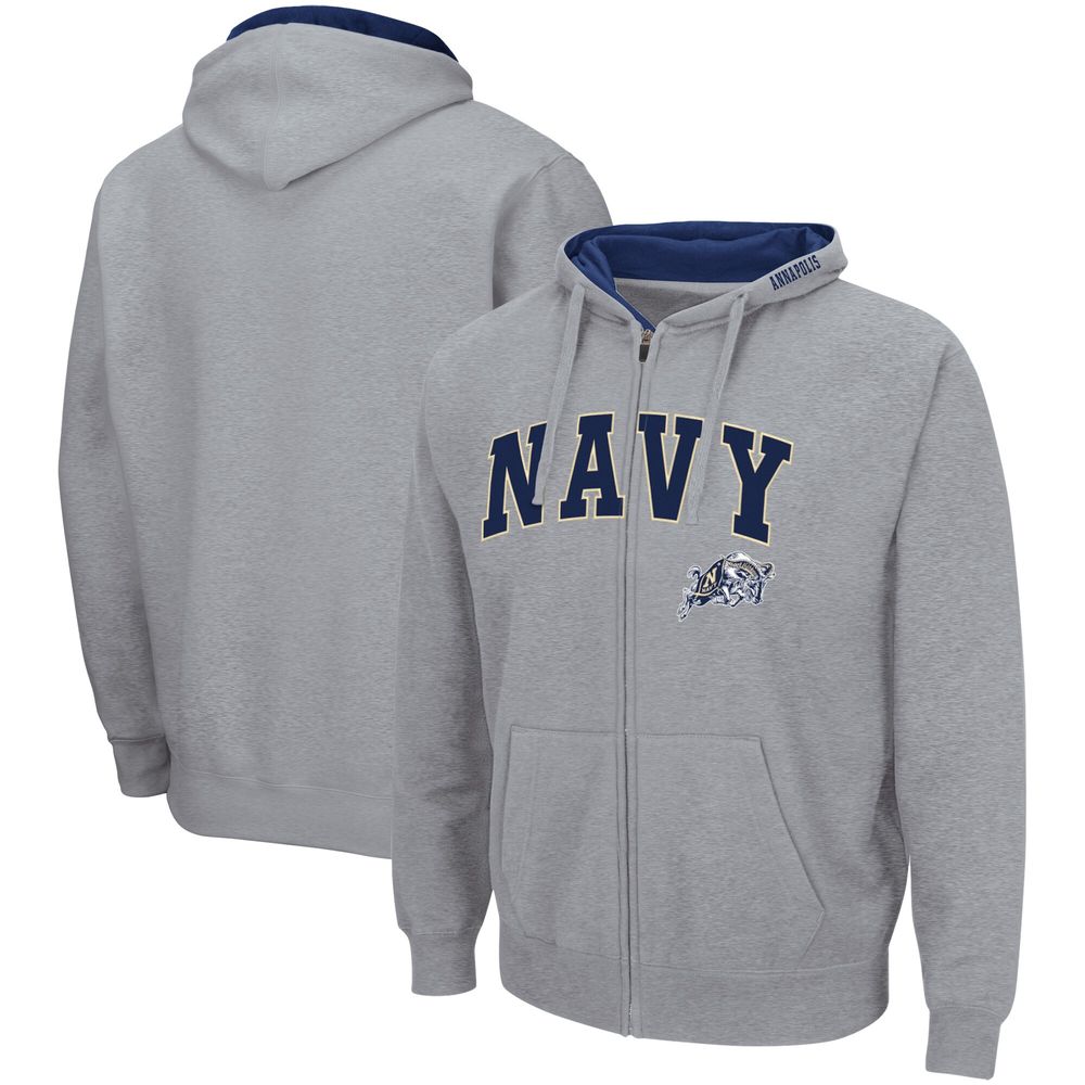 Men's Colosseum Heathered Gray Navy Midshipmen Arch & Logo 3.0 Full-Zip Hoodie