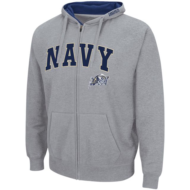 Sweat à capuche zippé entièrement Colosseum gris marine pour hommes Midshipmen Arch & Logo 3.0