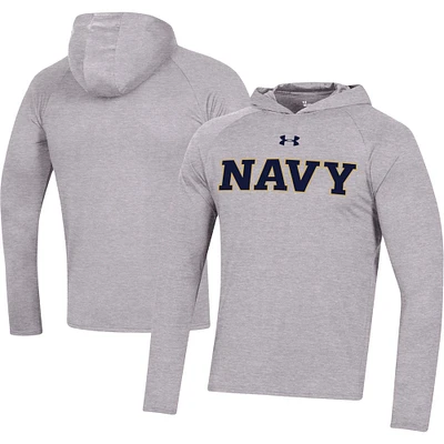 Under Armour Heather Grey Navy Midshipmen School Logo Raglan T-shirt à capuche manches longues Performance pour homme