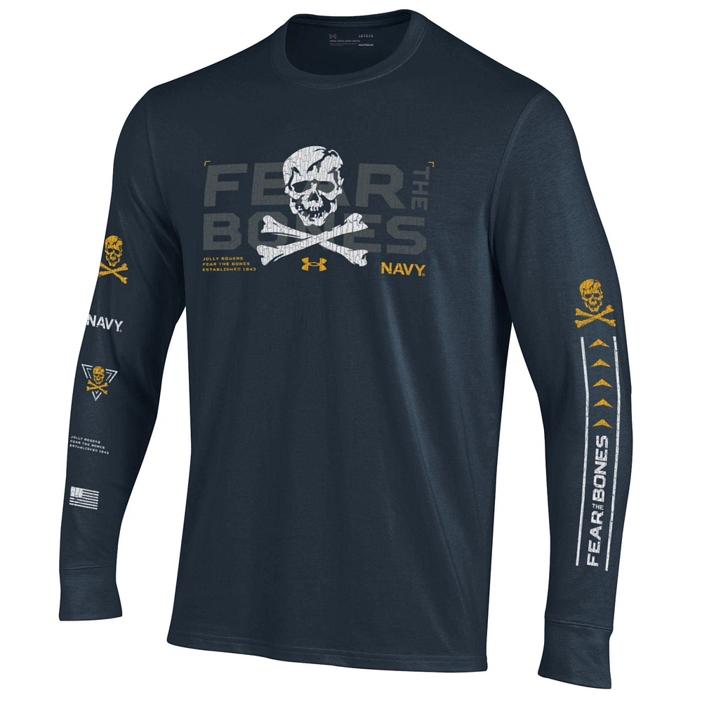 Men's Under Armour Navy Midshipmen 2024 Rivalry Skull Performance Long Sleeve T-Shirt