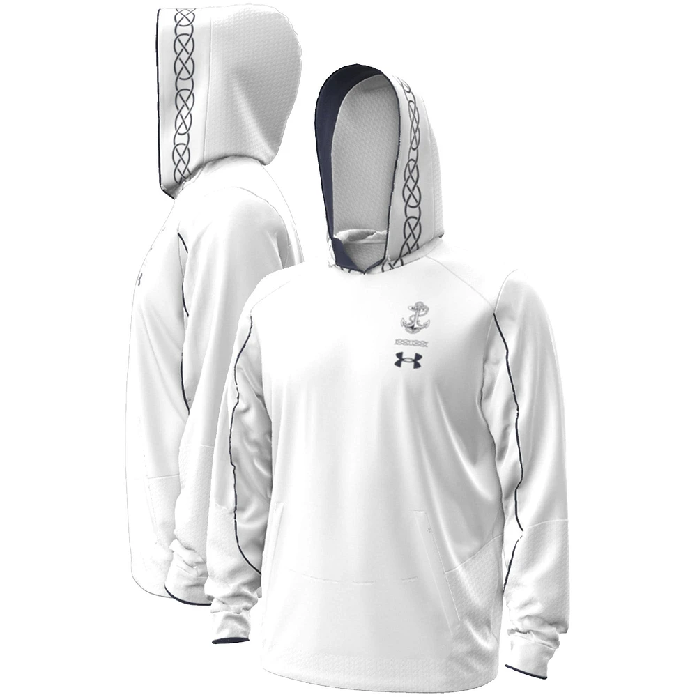 Men's Under Armour White Navy Midshipmen 2023 Aer Lingus College Football Classic Fleece Pullover Hoodie