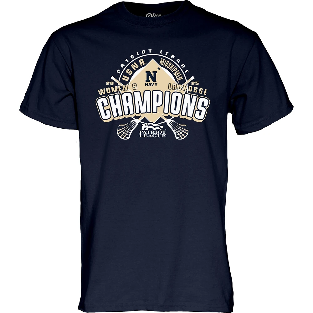 T-shirt unisexe bleu marine 84 Midshipmen de la Patriot League 2025 pour femmes, champion du tournoi crosse