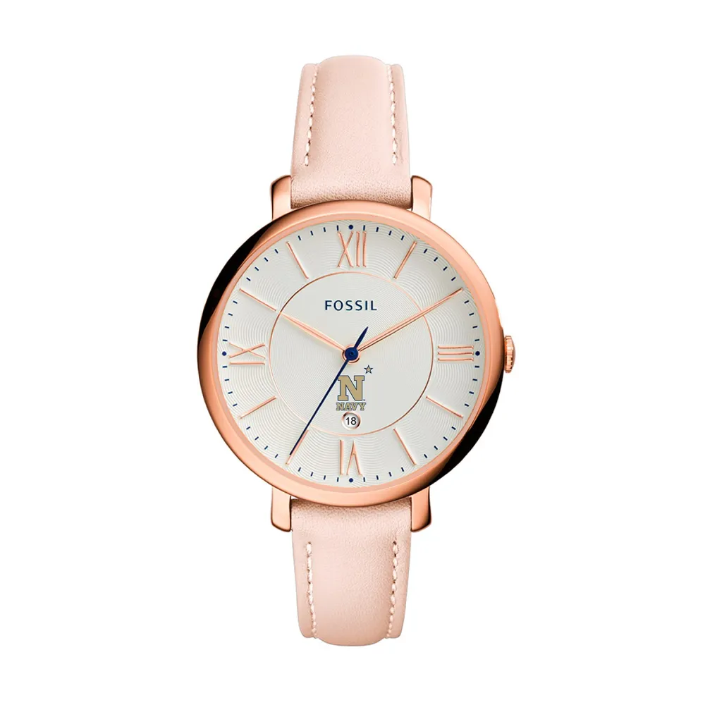 Navy Midshipmen Women's Fossil Jacqueline Date Blush Leather Watch - Pink