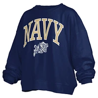 Women's Pressbox Navy Midshipmen Janise Arch Over Logo Waist Length Oversized Pullover Sweatshirt
