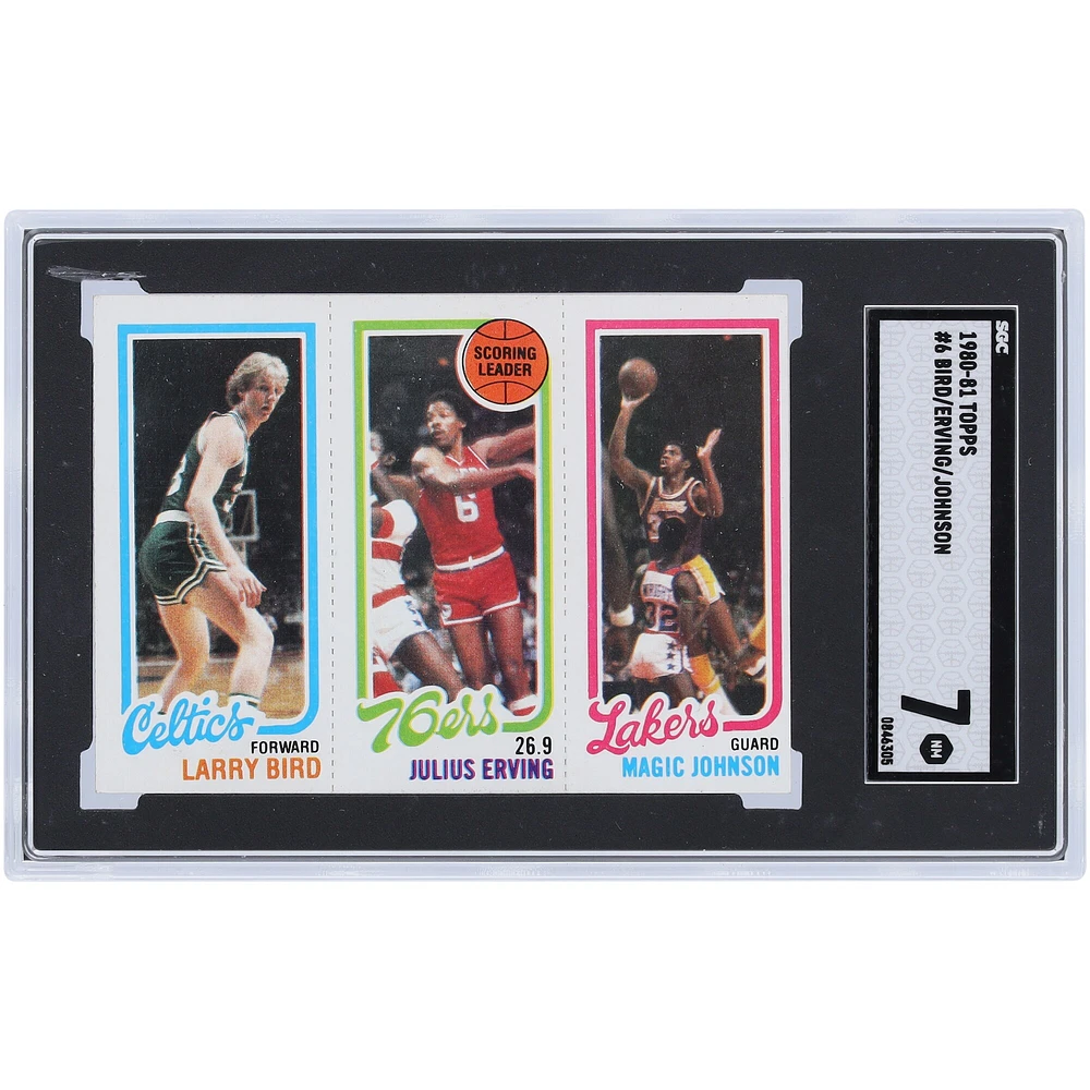 Carte recrue authentifiée Topps n° 6 SGC 1980-81 de Larry Bird, Julius Erving et Magic Johnson