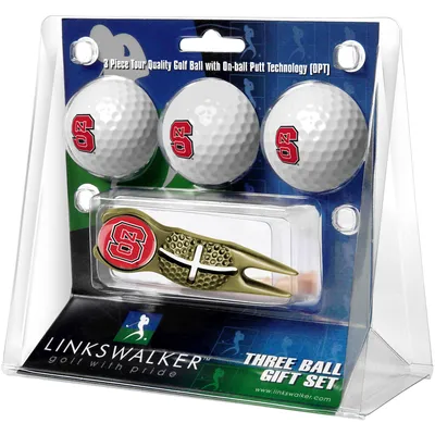 NC State Wolfpack 3-Pack Golf Ball Gift Set with Gold Crosshair Divot Tool