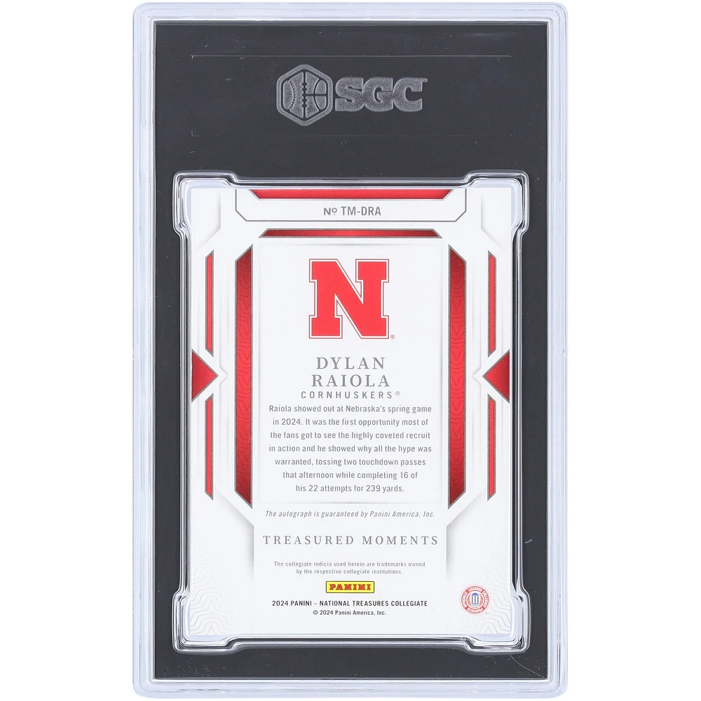 Dylan Raiola Nebraska Huskers Autographed 2024 Panini National Treasures Collegiate Silver Treasured Moments Autograph #TM-DRA #/99 SGC Authenticated 9/10 Card