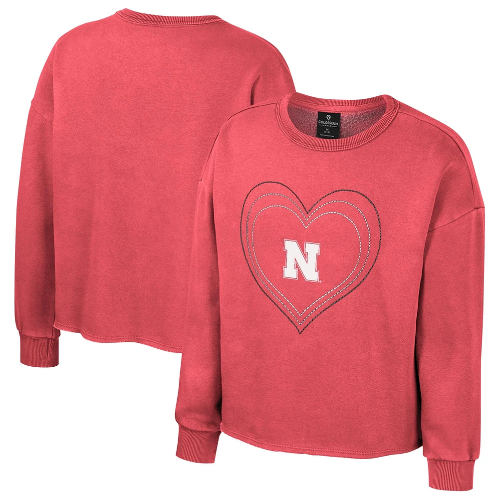 Colosseum Scarlet Nebraska Huskers Audrey Pull en polaire délavé à col rond pour fille