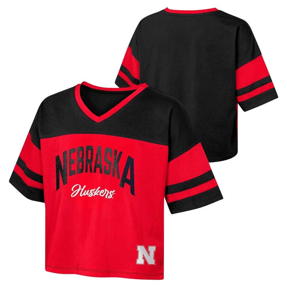 Girls Youth Scarlet Nebraska Huskers The Playmaker Sleeve Stripe V-Neck Jersey T-Shirt