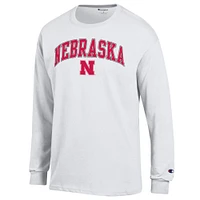 T-shirt à manches longues blanc champion pour homme avec logo Arch Over des Nebraska Huskers