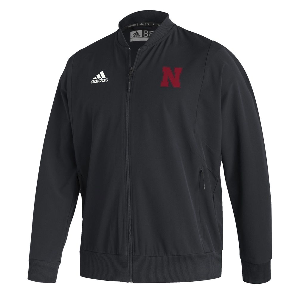 Men's adidas Black Nebraska Huskers Ireland Sideline Woven Primeblue Full-Zip Bomber Jacket