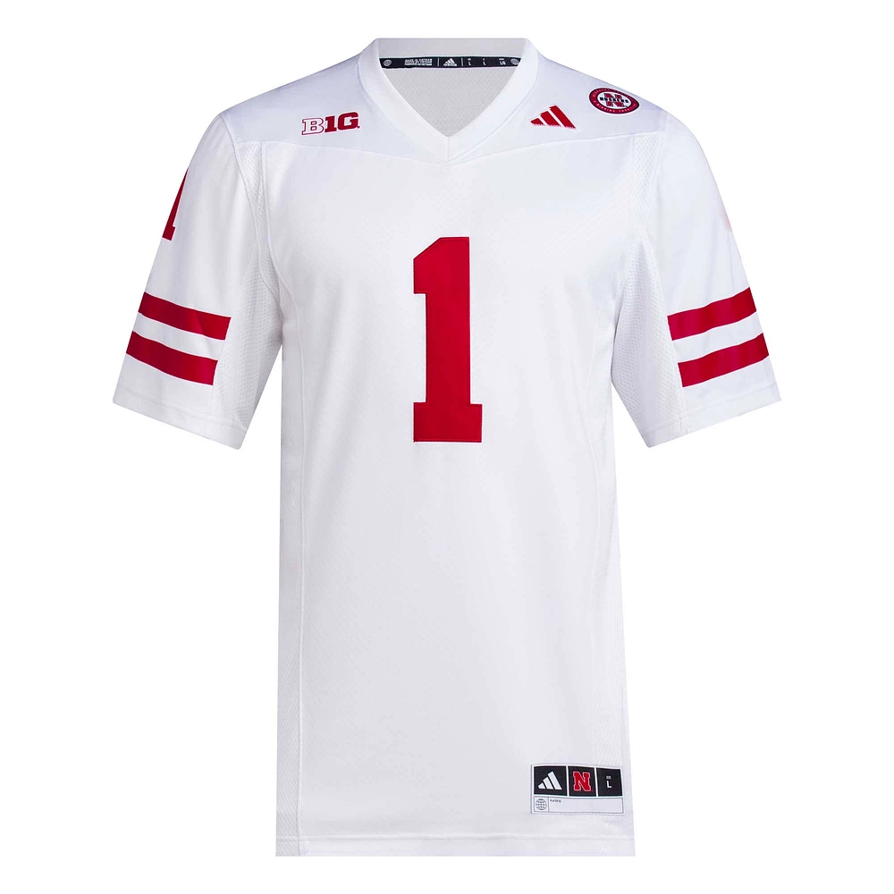 Maillot de football Premier Nebraska Huskers adidas #1 blanc pour homme