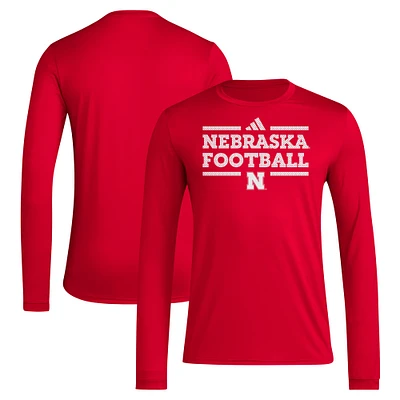 T-shirt à manches longues adidas Nebraska Huskers Locker Football Pre-Game AEROREADY pour homme rouge