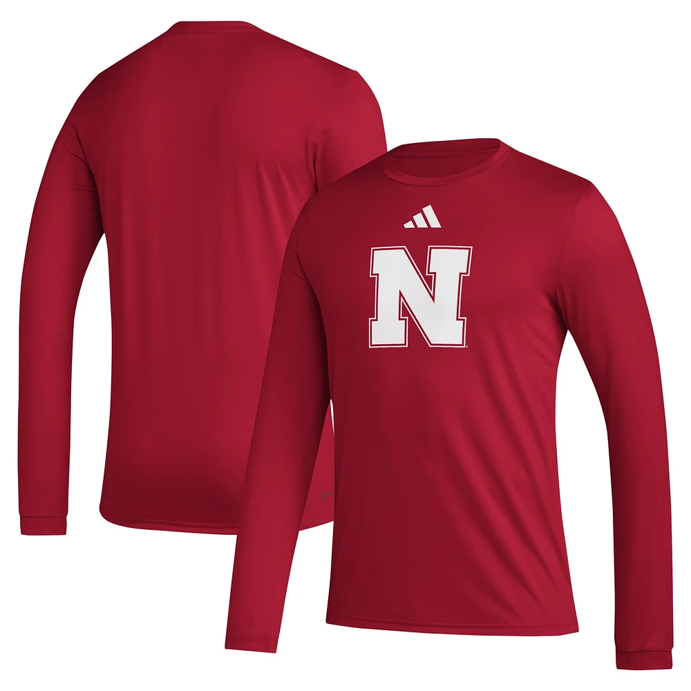 T-shirt à manches longues rouge adidas Nebraska Huskers Primary Locker Logo Pre-Game pour homme