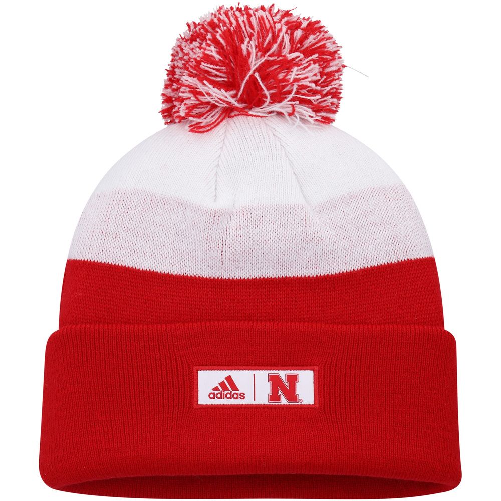 Men's adidas Scarlet/White Nebraska Huskers Colorblock Cuffed Knit Hat with Pom