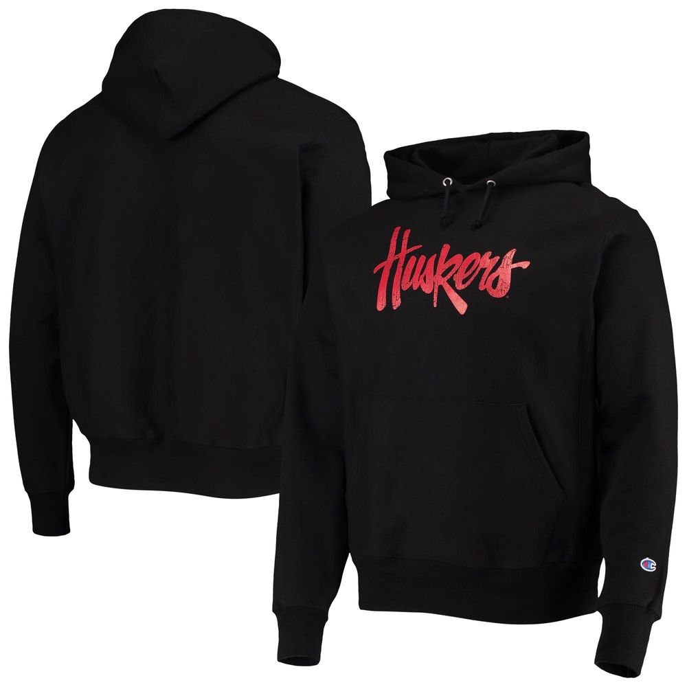 Men's Champion Black Nebraska Huskers Vault Logo Reverse Weave Pullover Hoodie