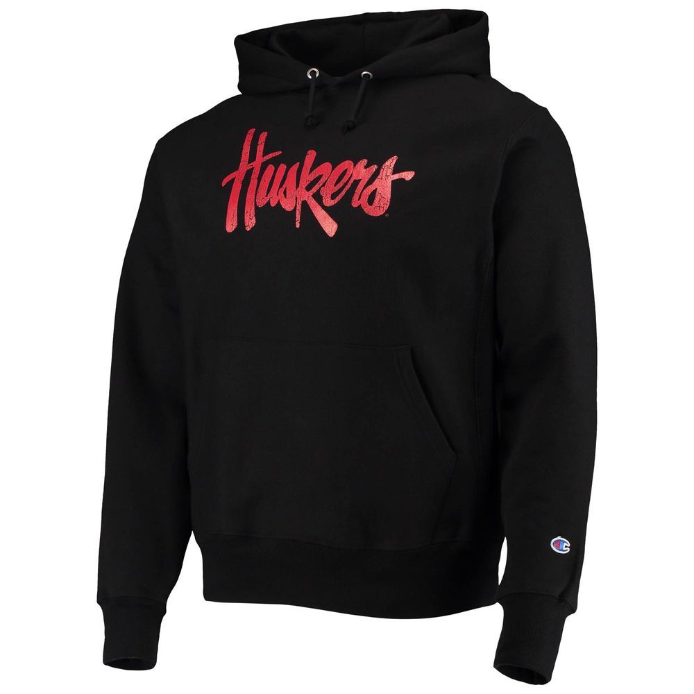 Men's Champion Black Nebraska Huskers Vault Logo Reverse Weave Pullover Hoodie