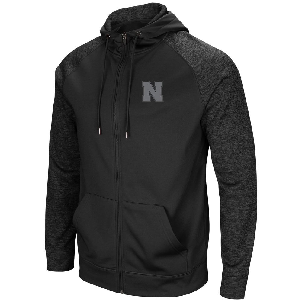 Men's Colosseum Black Nebraska Huskers Blackout 3.0 Tonal Raglan Full-Zip Hoodie