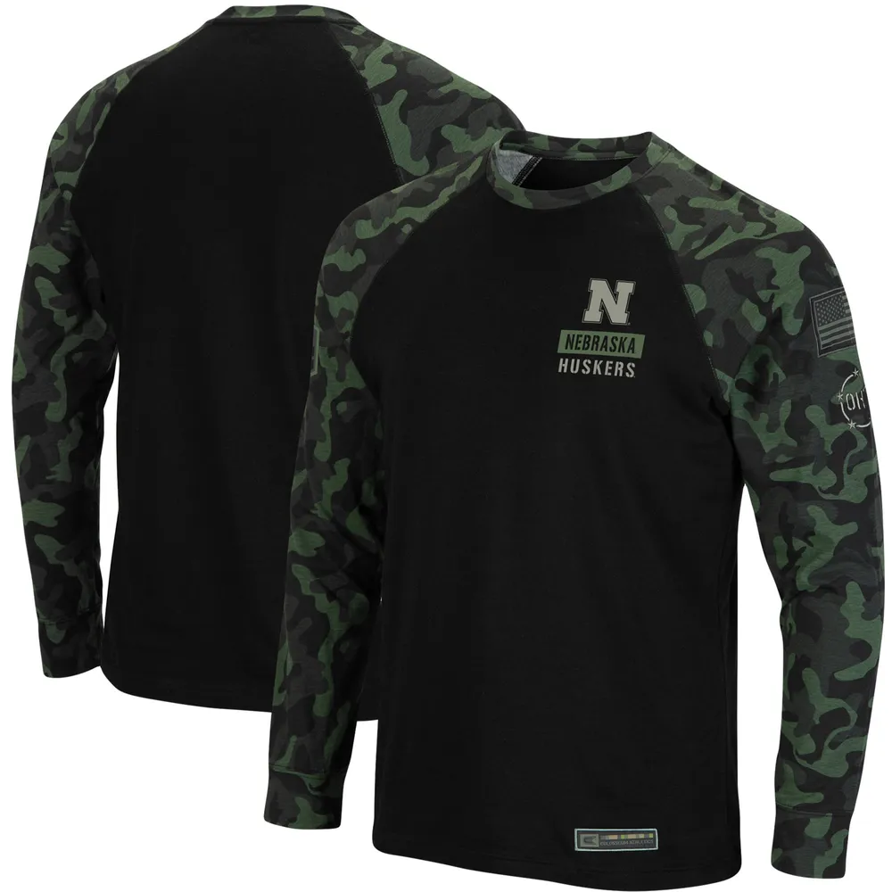 Colosseum Black Nebraska Huskers OHT Military Appreciation Camo Raglan T-shirt à manches longues pour homme