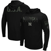 Colosseum Black Nebraska Huskers OHT Military Appreciation Hoodie T-shirt à manches longues pour homme