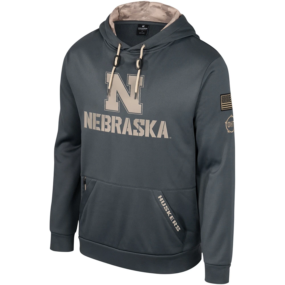 Pull à capuche pour hommes Colosseum Charcoal Nebraska Huskers OHT Military Appréciation