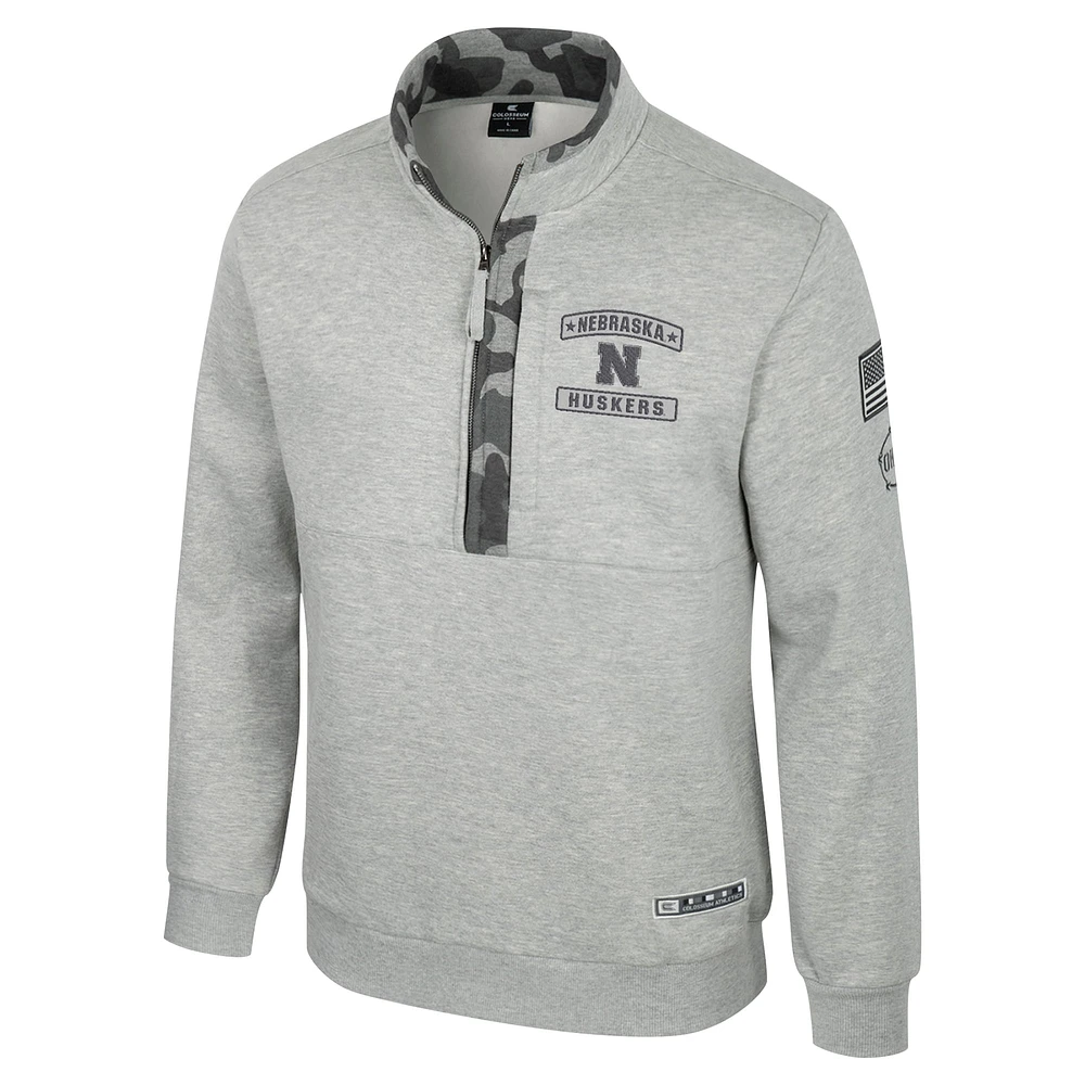 Men's Colosseum Heather Gray Nebraska Huskers OORAH OHT Military Appreciation Fleece Quarter-Zip Jacket