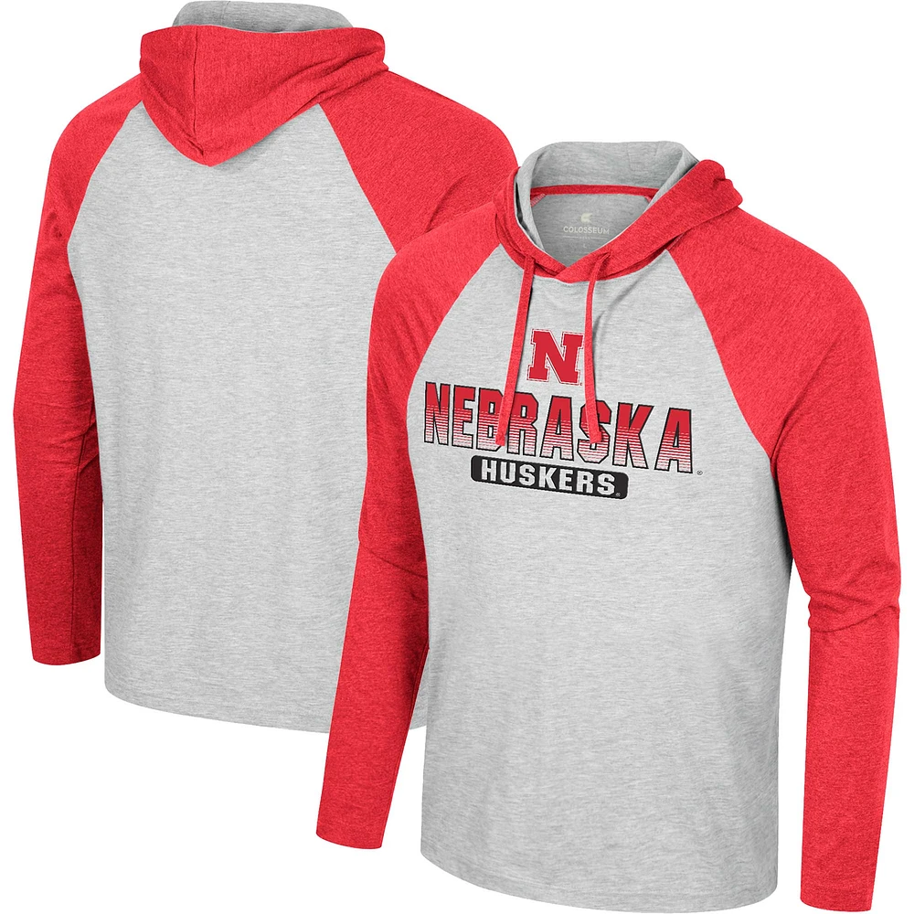 T-shirt à capuche manches longues Colosseum Heather Grey Nebraska Huskers Hasta La Vista Raglan pour hommes