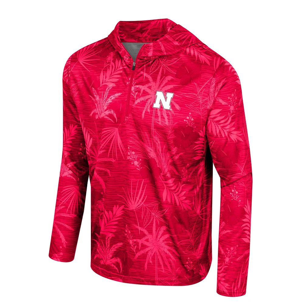 Men's Colosseum Scarlet Nebraska Huskers Palms Printed Lightweight Quarter-Zip Hooded Top