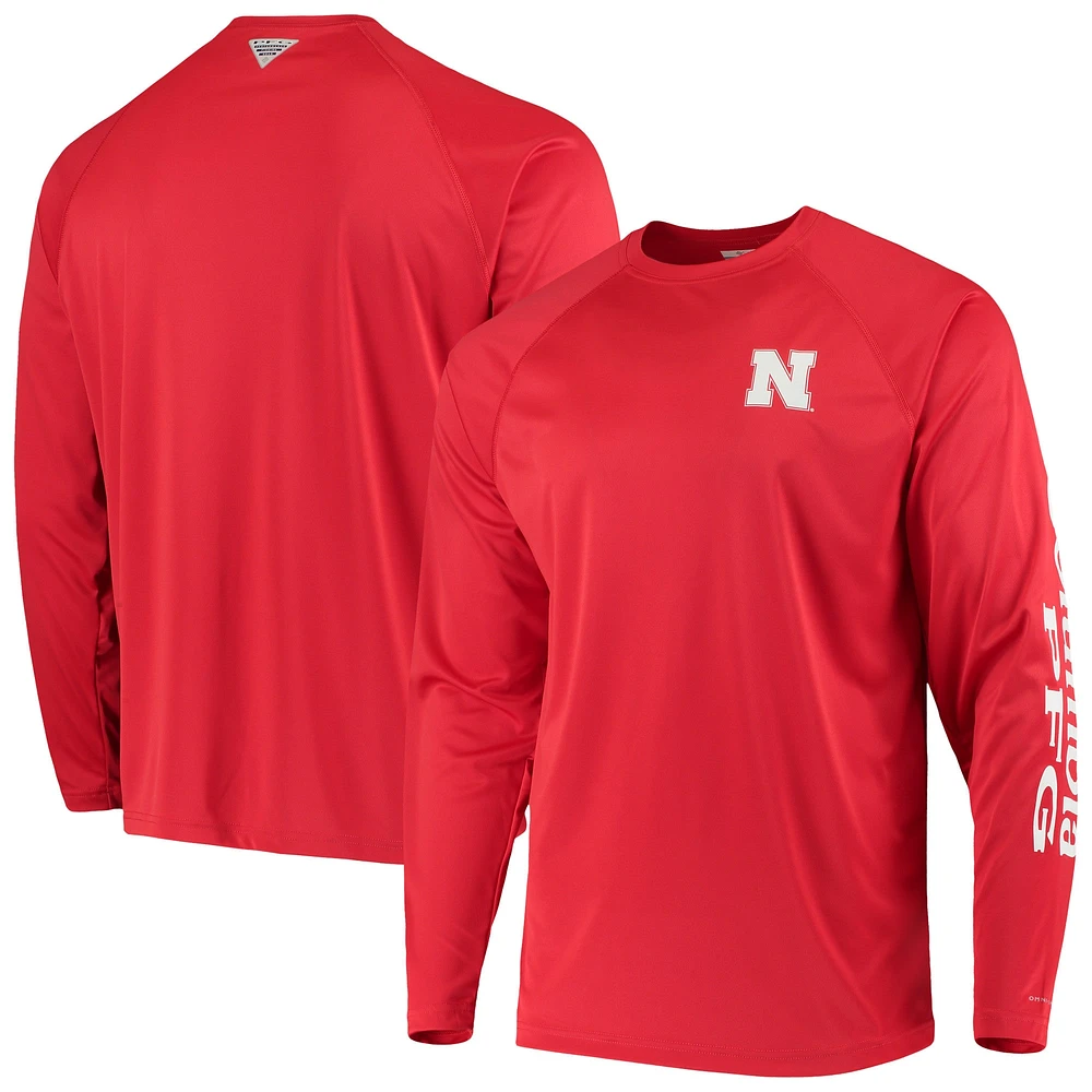 Columbia Scarlet Nebraska Huskers Terminal Tackle Omni-Shade Raglan T-shirt à manches longues pour homme