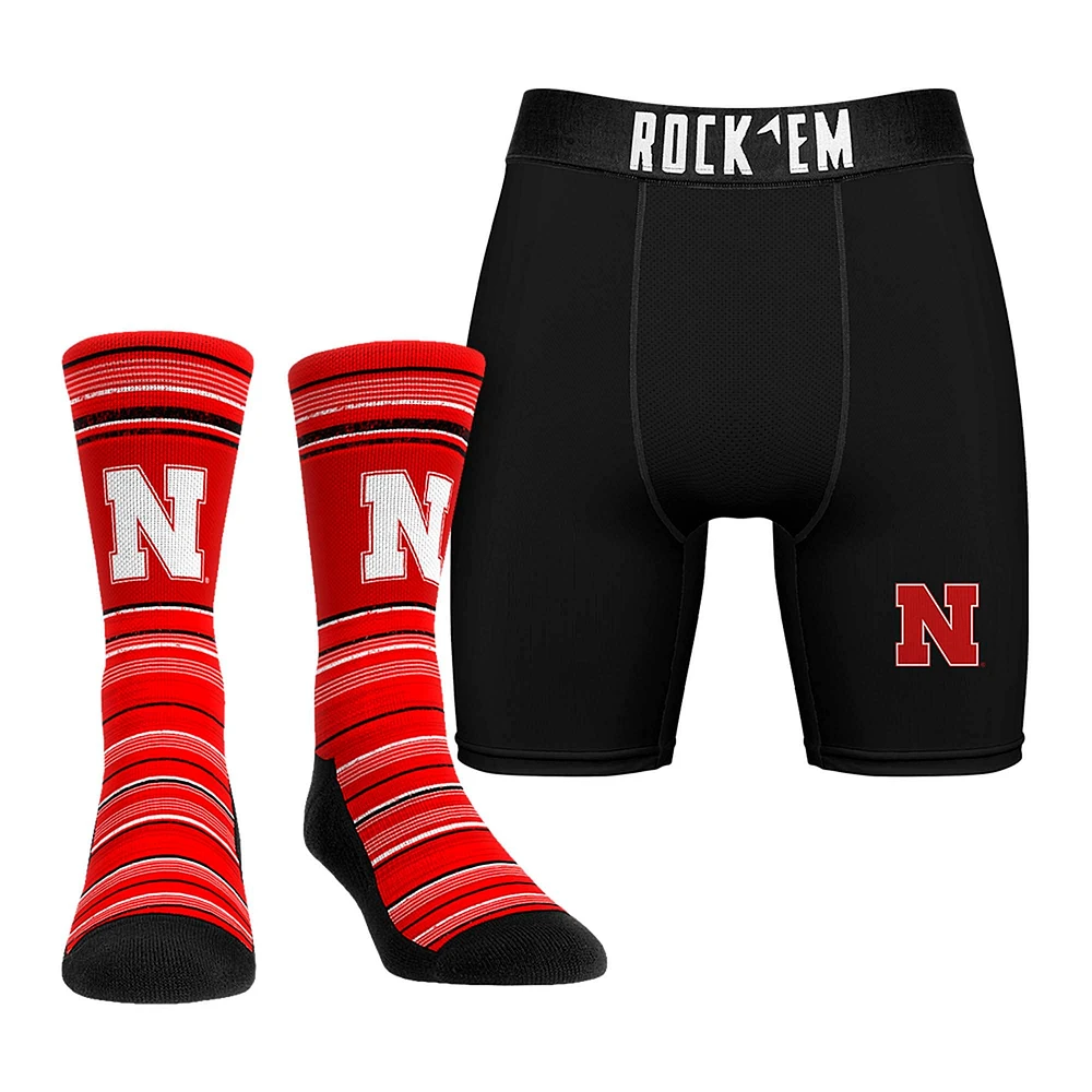 Pack combiné de chaussettes et caleçons boxeurs Rock Em Socks Nebraska Huskers Primary Crew pour hommes