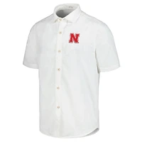 Chemise boutonnée Tommy Bahama White Nebraska Huskers Coconut Point Palm Vista IslandZone Camp pour hommes