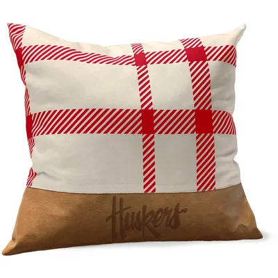 Nebraska Huskers 18'' x 18'' Farmhouse Plaid and Faux Leather Throw Pillow