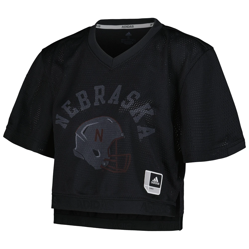 Women's adidas Black Nebraska Huskers Primegreen V-Neck Cropped Jersey