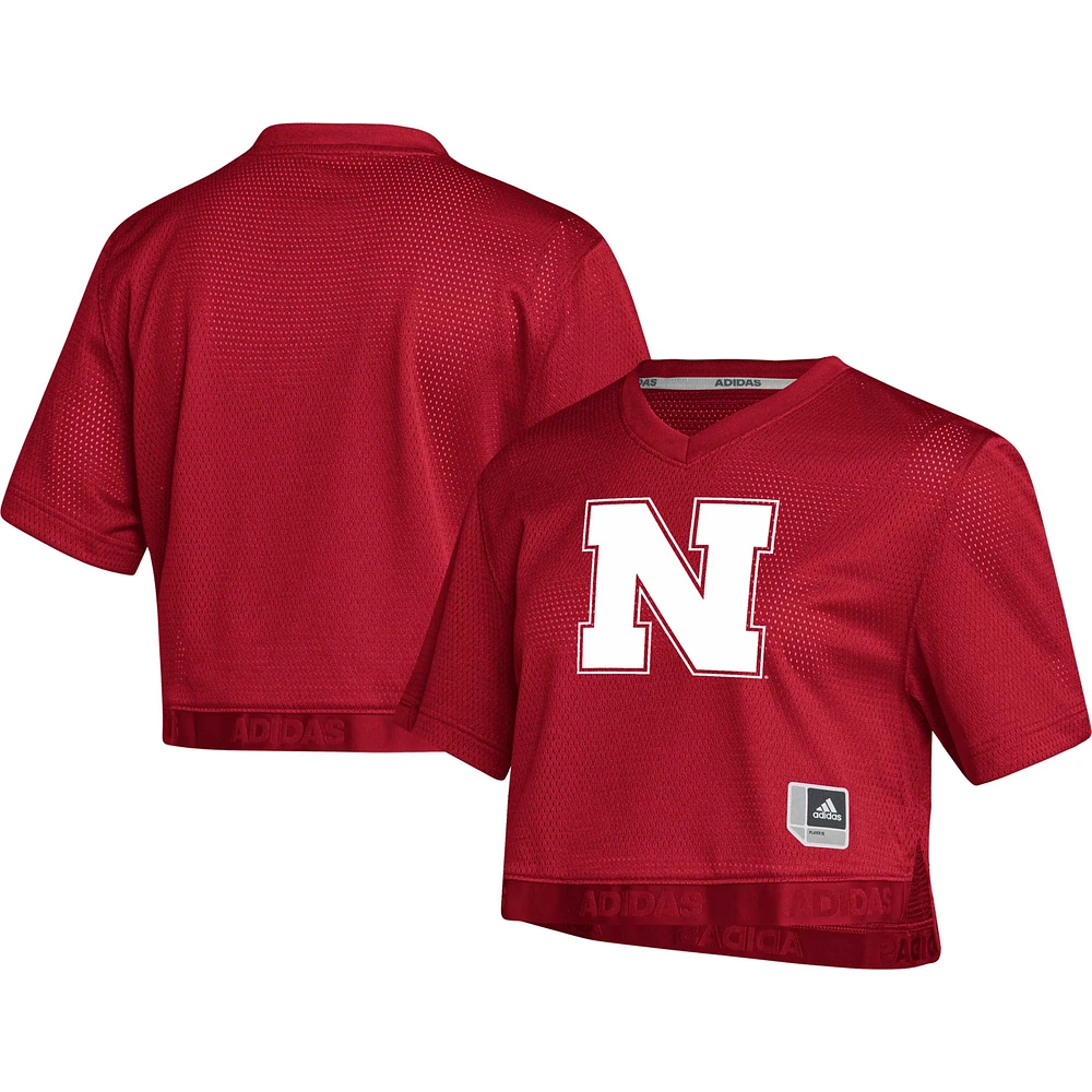 Maillot court à col en V adidas Scarlet Nebraska Huskers Primegreen pour femme