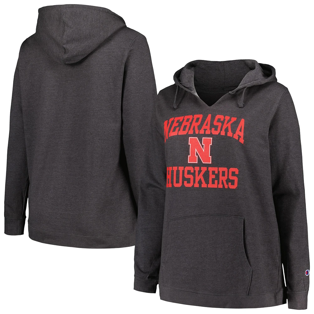 Women's Champion Heather Charcoal Nebraska Huskers Plus Heart & Soul Notch Neck Pullover