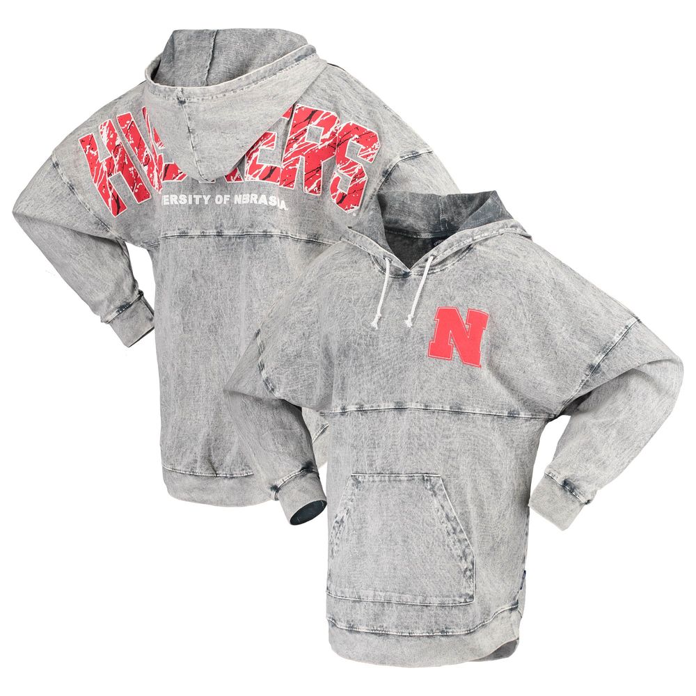 Women's Charcoal Nebraska Huskers Mineral Wash Hoodie Long Sleeve T-Shirt