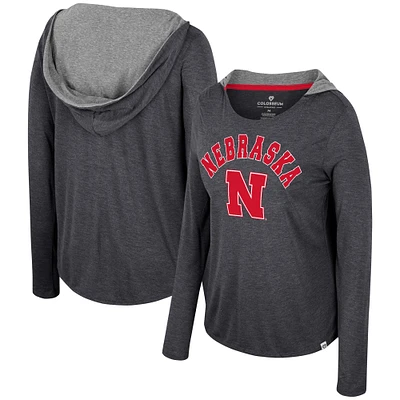 T-shirt à capuche manches longues pour femmes Colosseum Black Nebraska Huskers en détresse chiné