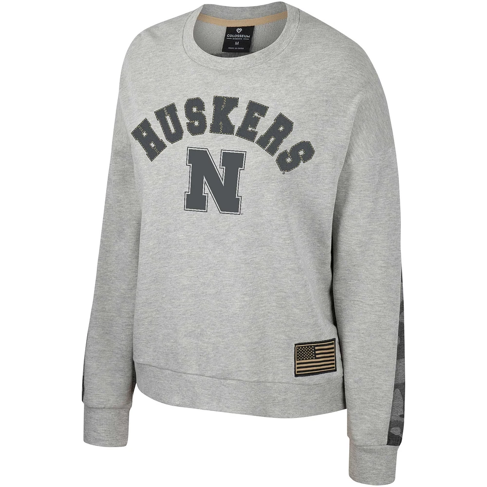 Women's Colosseum Heather Gray Nebraska Huskers OHT Military Appreciation Flag Rank Dolman Pullover Sweatshirt